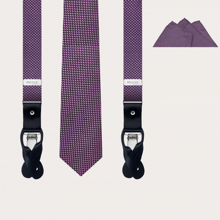 Complete formal set of suspenders, tie and pochette in pink silk dotted
