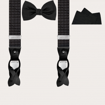 Complete evening set in elegant black jacquard silk with geometric pattern, suspenders, bow tie and pocket square