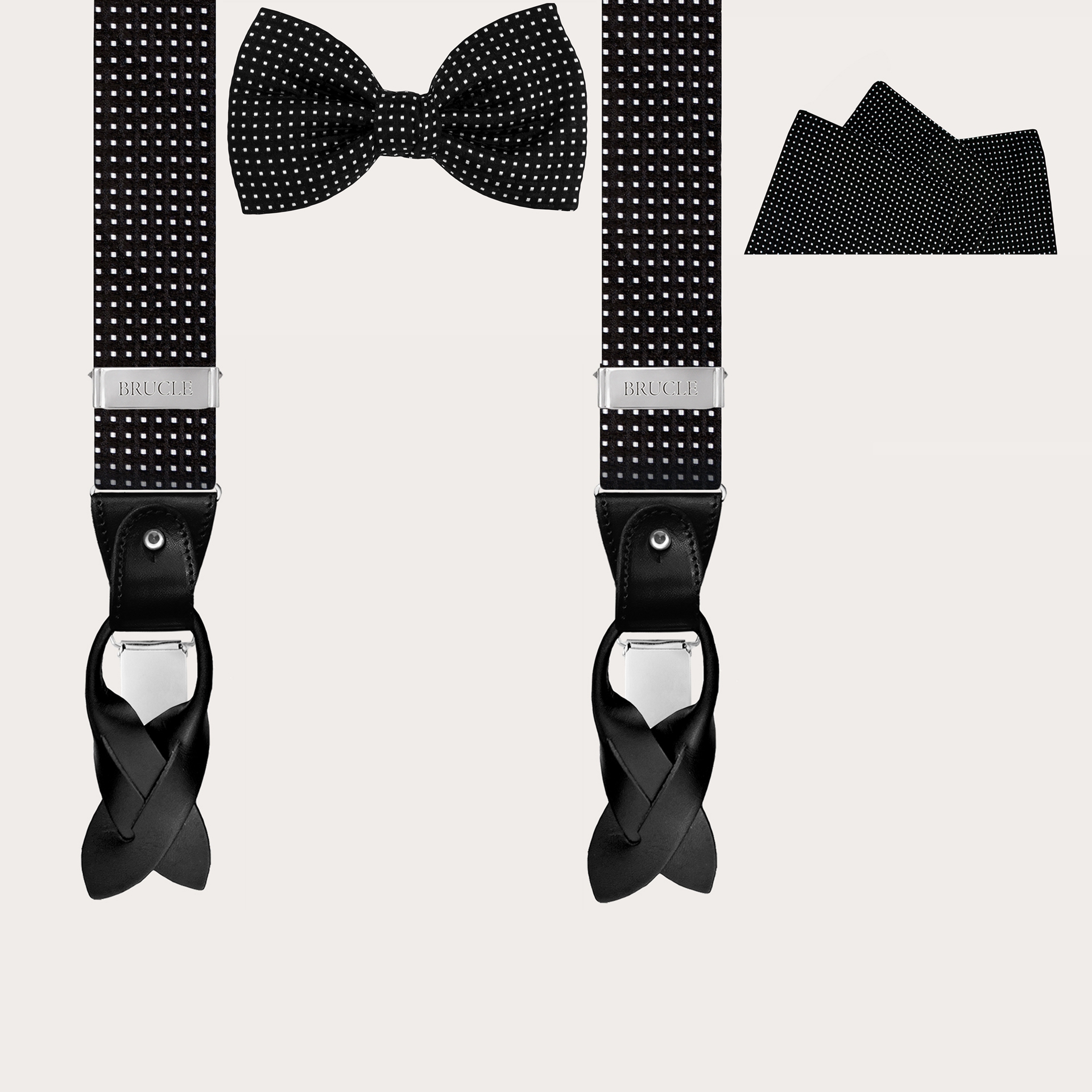 BRUCLE Set completo da sera in elegante seta jacquard nera con motivo geometrico, bretelle, papillon e pochette
