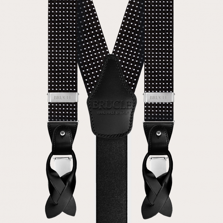 Conjunto de tirantes, corbata y pañuelo de bolsillo en seda negra topos