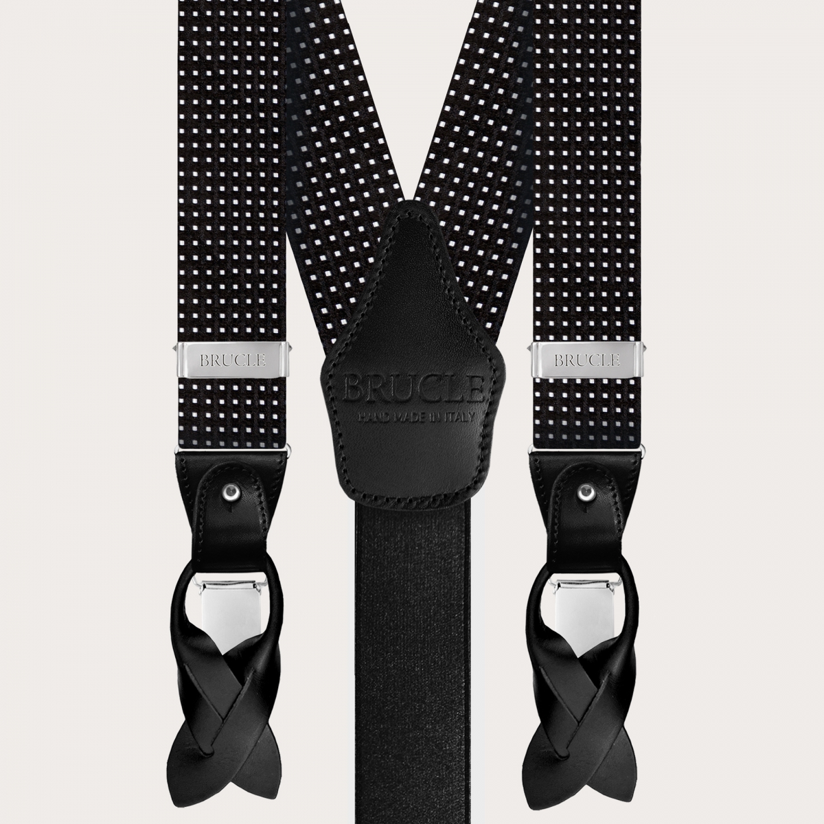BRUCLE Conjunto de tirantes, corbata y pañuelo de bolsillo en seda negra topos