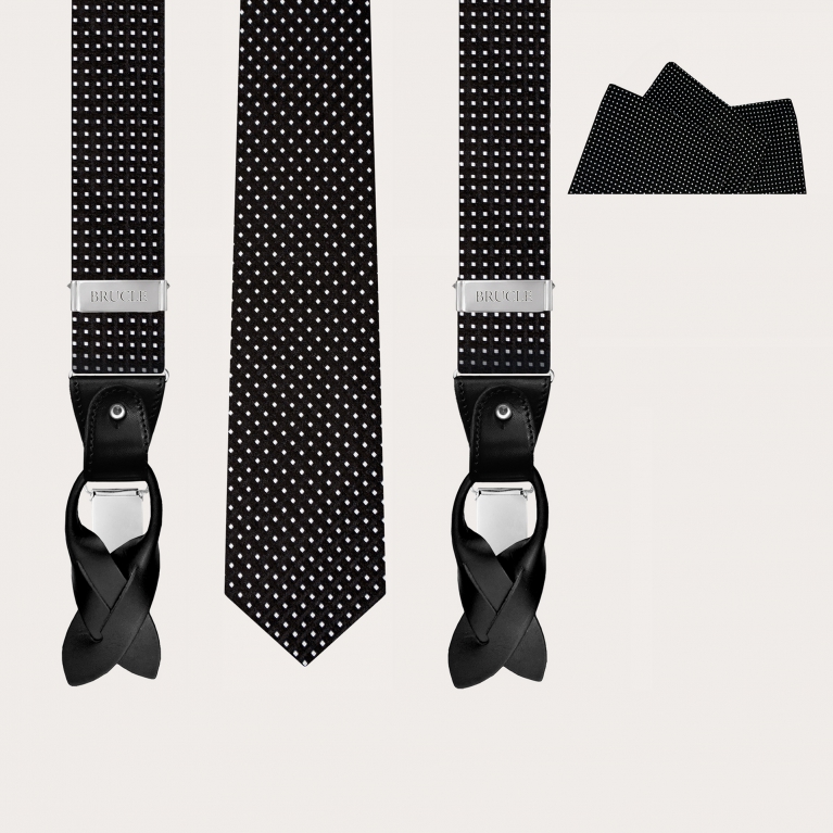 Dotted black silk suspenders, necktie and pocket square set