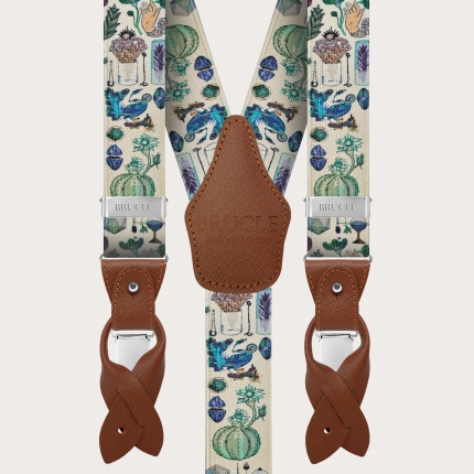 Satin effect suspenders with brown saffiano leather, alchemical pattern