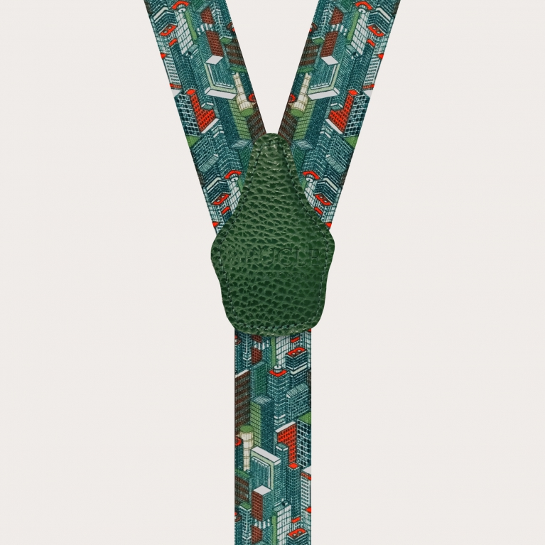 Shiny green suspenders with skyscrapers pattern