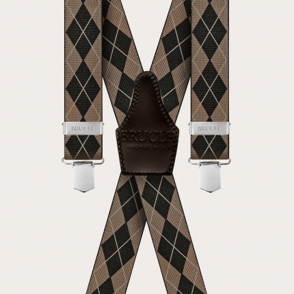 Unisex X-shaped suspenders beige check motif