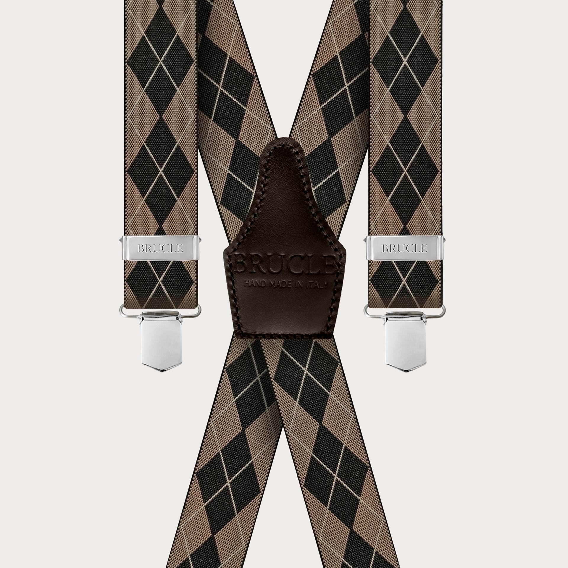 BRUCLE Unisex X-shaped suspenders beige check motif