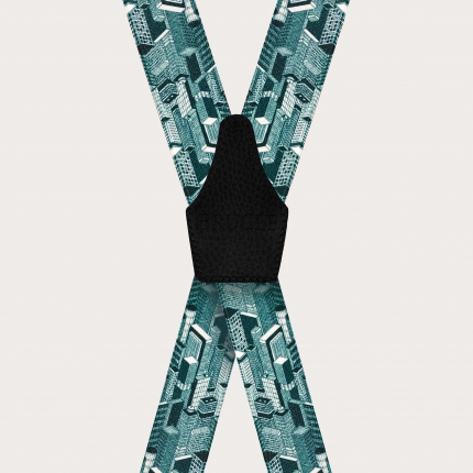 Shiny suspenders with skyscrapers pattern