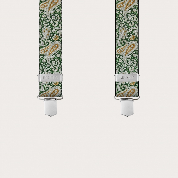 BRUCLE X-shaped suspenders with clips in green and gold cashmere pattern