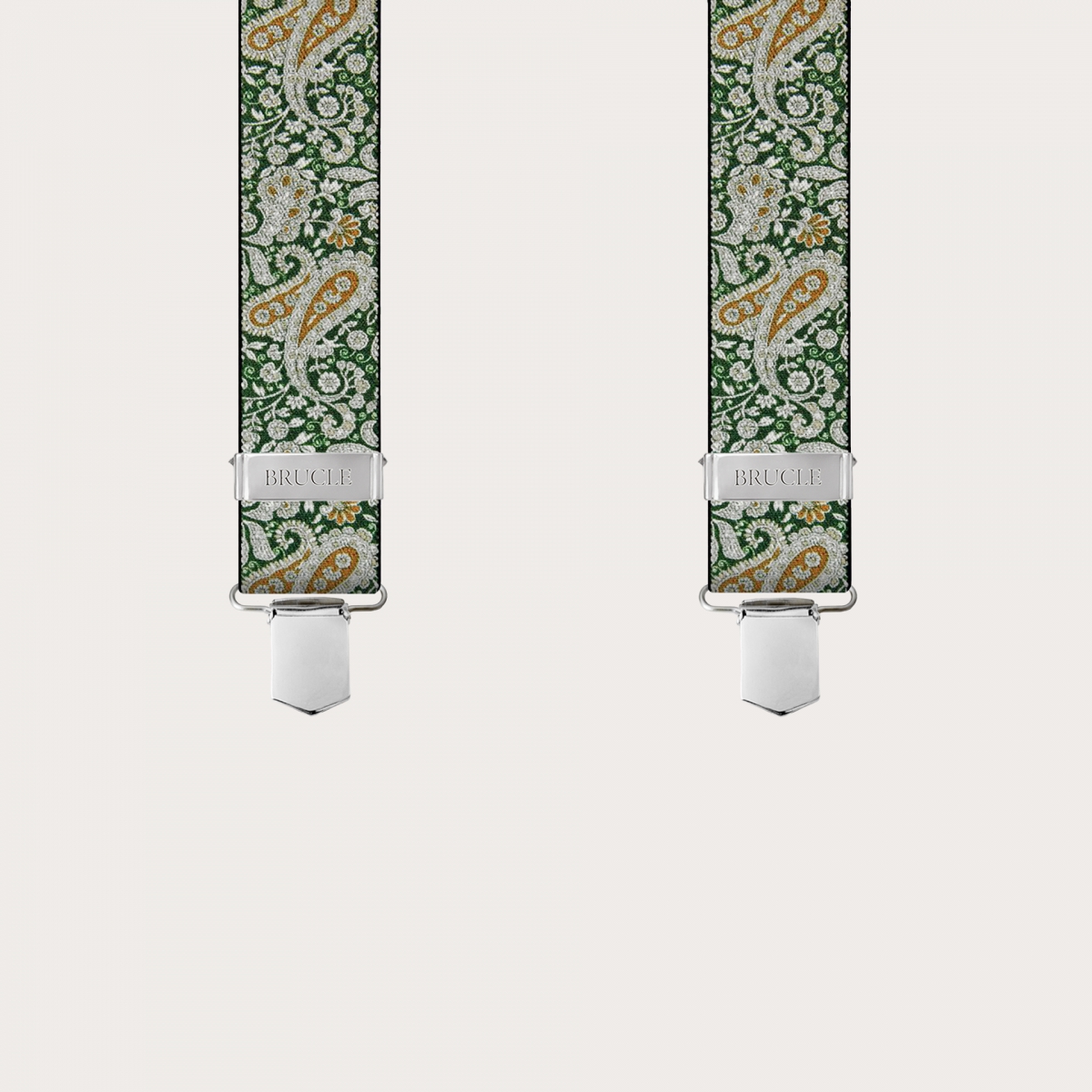 BRUCLE Tirantes en X con clips en estampado cashmere verde y dorado