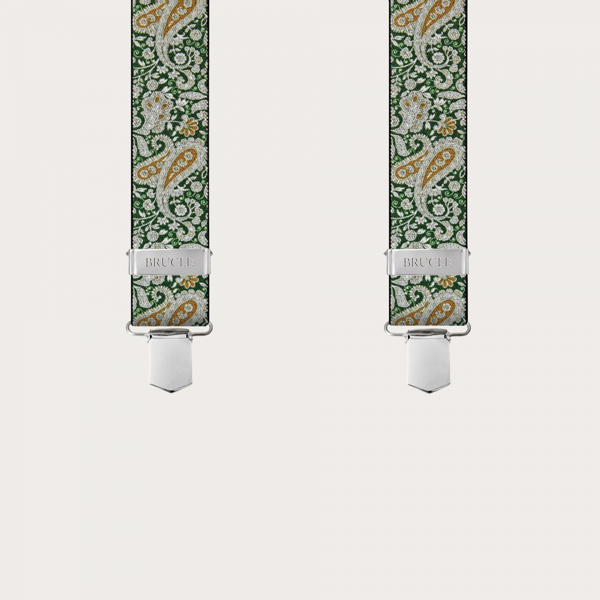 BRUCLE X-form Hosenträger mit Clips in grünes und goldenes Kaschmirmuster