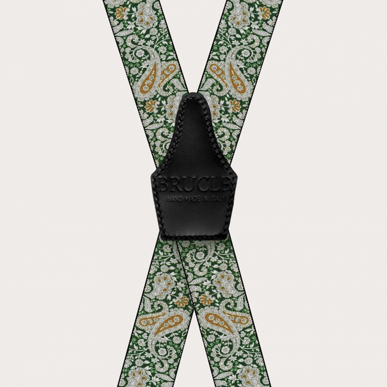 X-shaped suspenders with clips in green and gold cashmere pattern