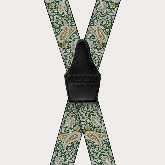 BRUCLE X-shaped suspenders with clips in green and gold cashmere pattern