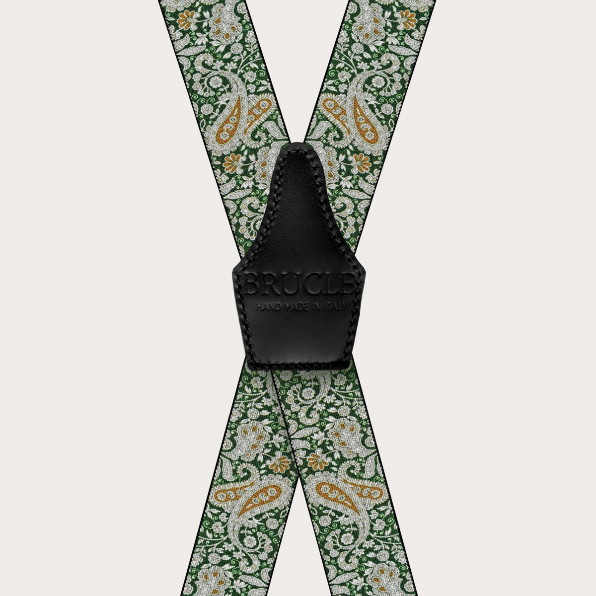 BRUCLE Bretelles en forme de X à clips en motif cachemire vert et or