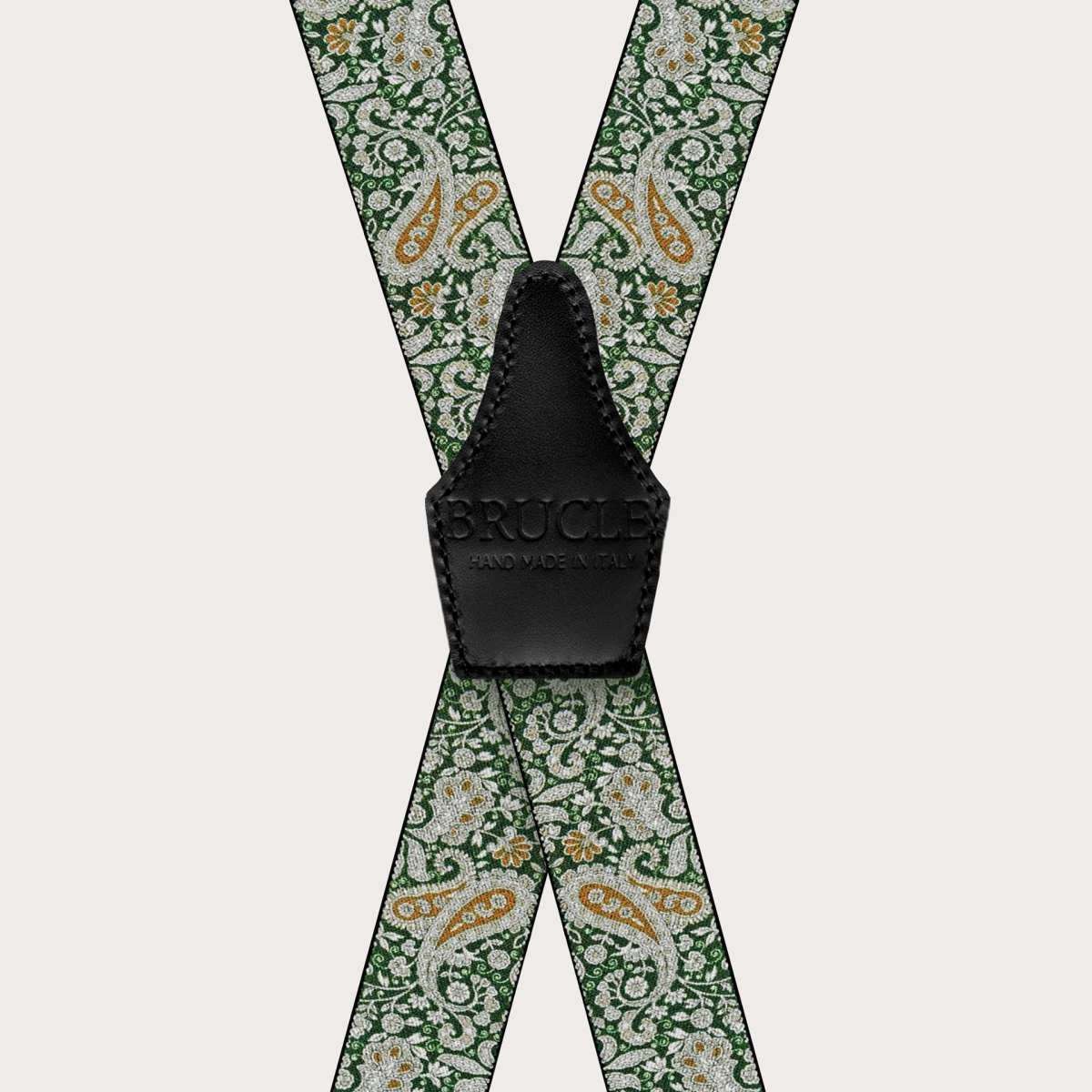 BRUCLE Tirantes en X con clips en estampado cashmere verde y dorado
