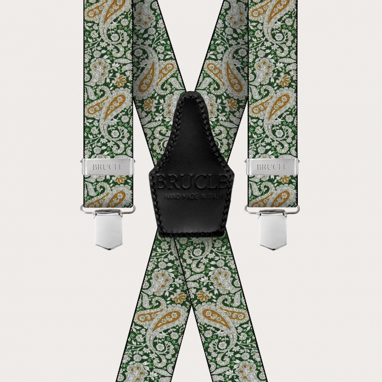 X-shaped suspenders with clips in green and gold cashmere pattern