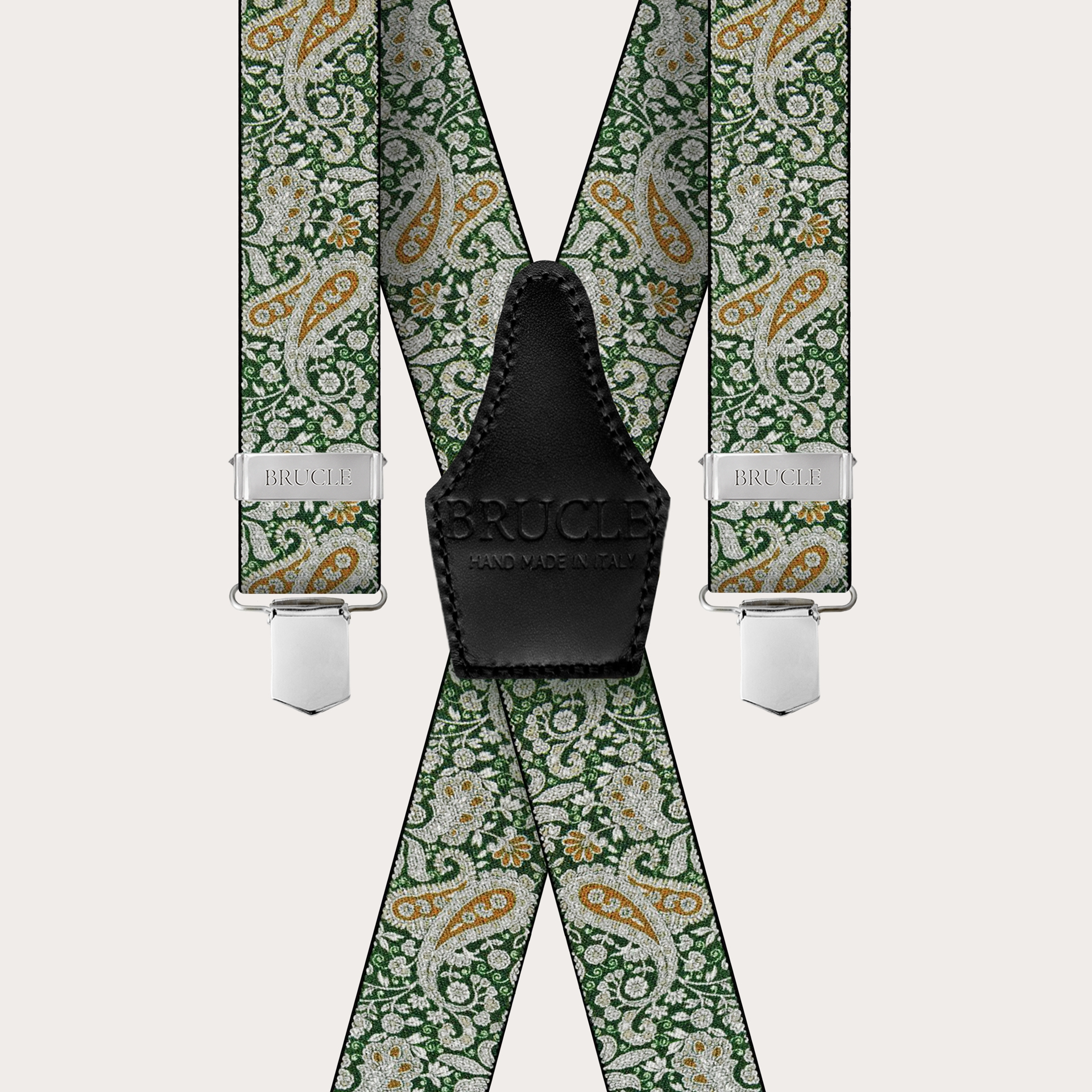 BRUCLE X-shaped suspenders with clips in green and gold cashmere pattern