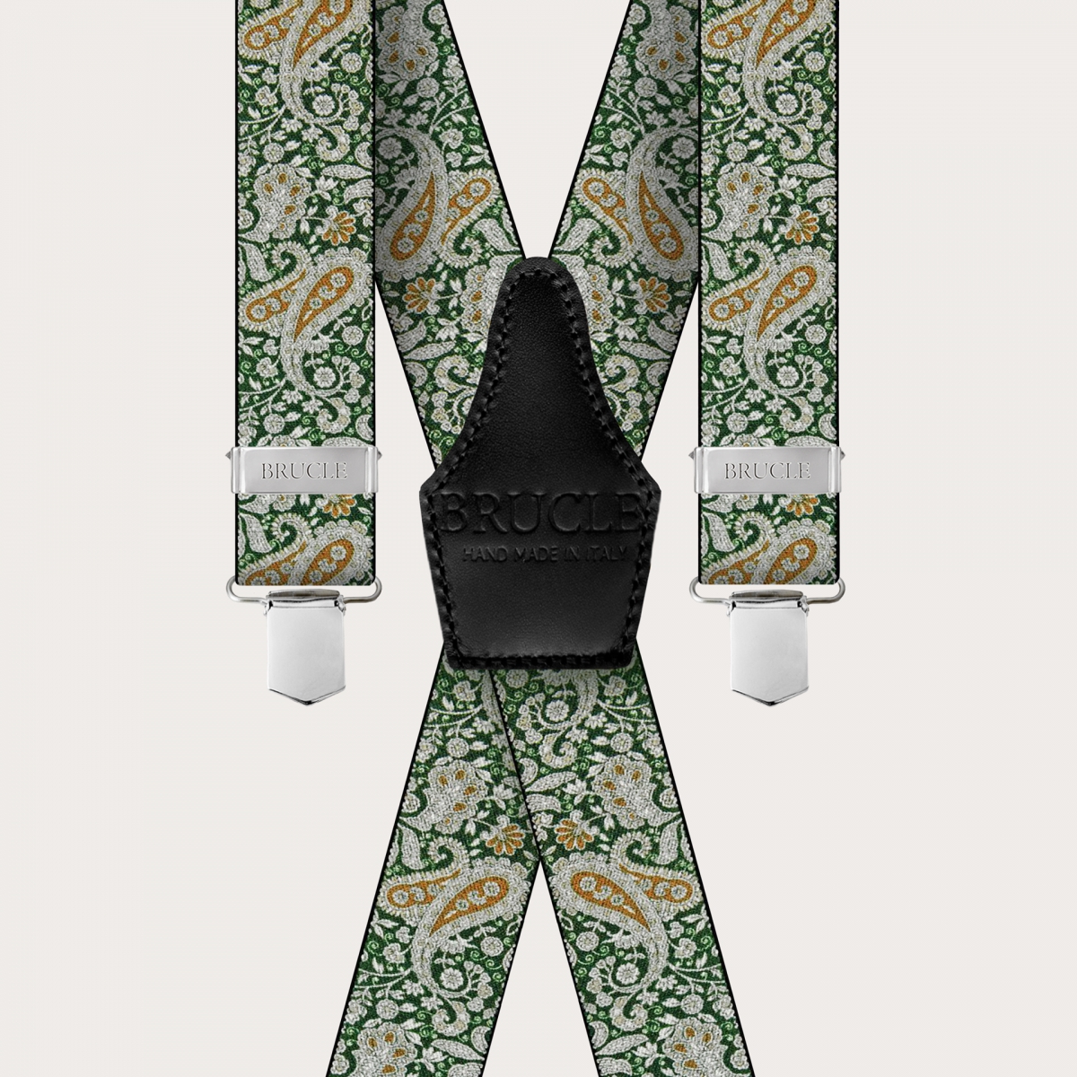 BRUCLE X-shaped suspenders with clips in green and gold cashmere pattern