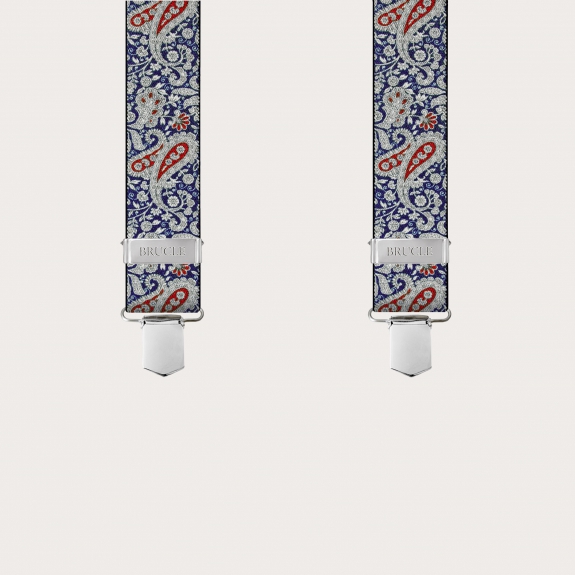 BRUCLE X-shaped suspenders with clips in blue and red cashmere pattern