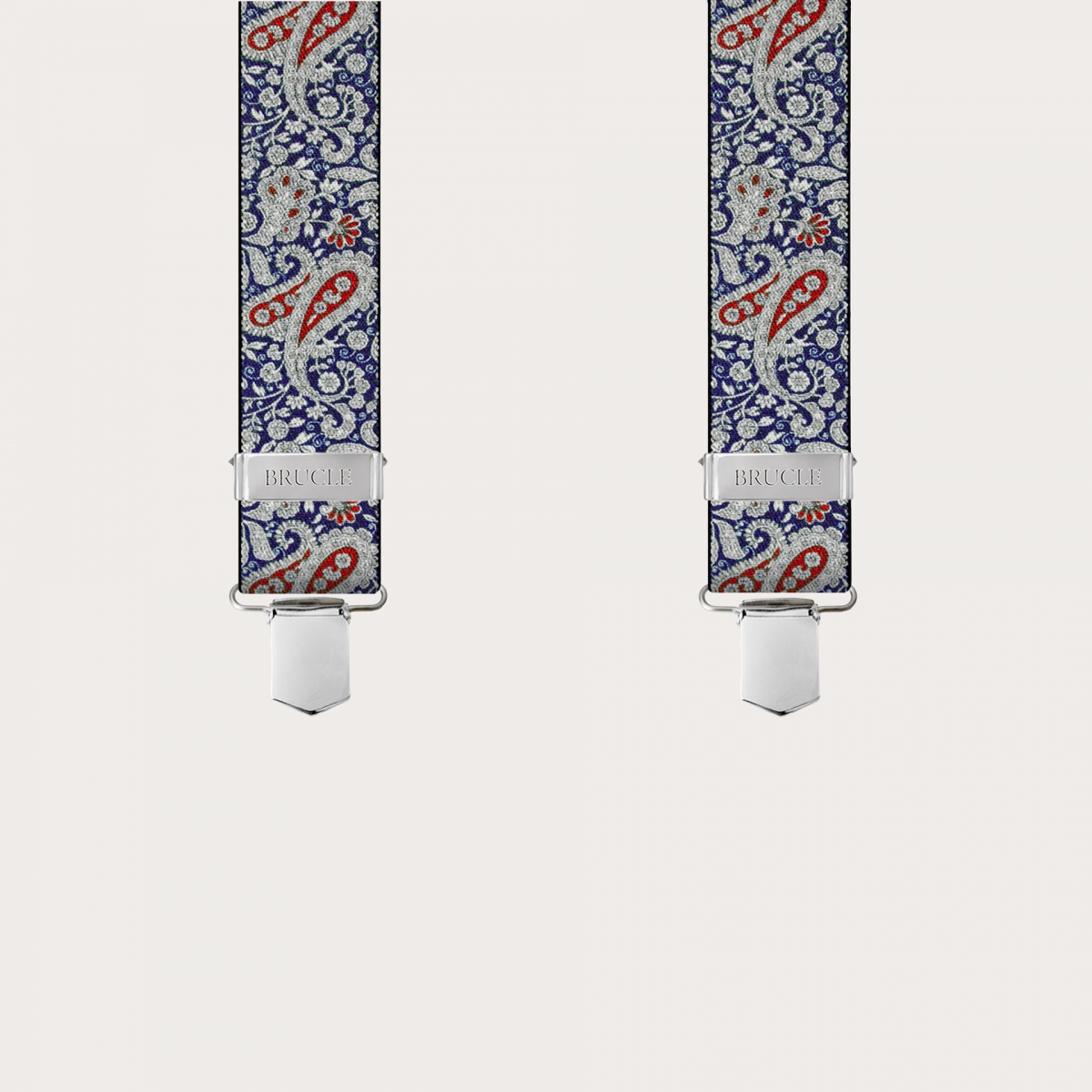 BRUCLE Tirantes en X con clips en estampado cashmere azul y rojo