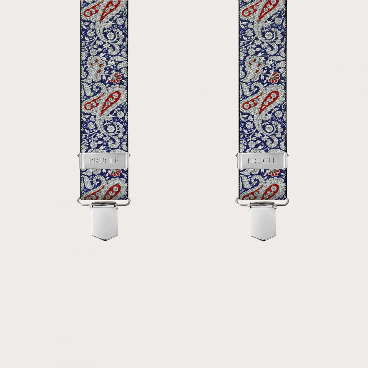 BRUCLE Tirantes en X con clips en estampado cashmere azul y rojo