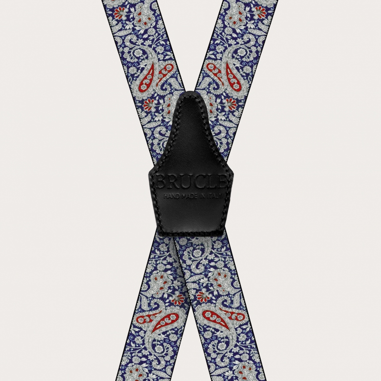 X-shaped suspenders with clips in blue and red cashmere pattern