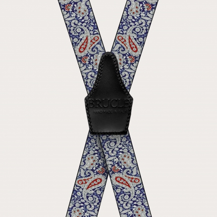 Bretelles en forme de X à clips en motif cachemire bleu et rouge