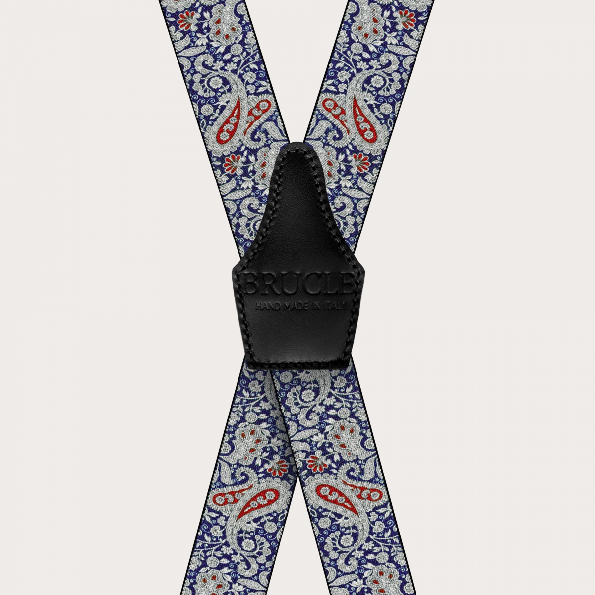 BRUCLE X-shaped suspenders with clips in blue and red cashmere pattern