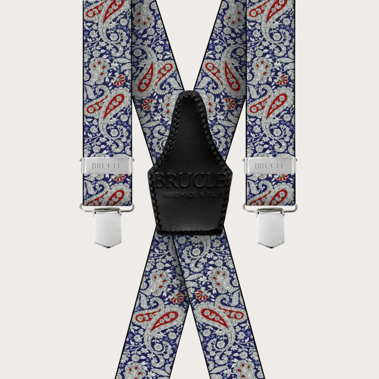 Bretelle a X con clip in fantasia cachemire, blu e rosso