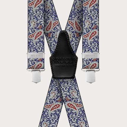 X-shaped suspenders with clips in blue and red cashmere pattern