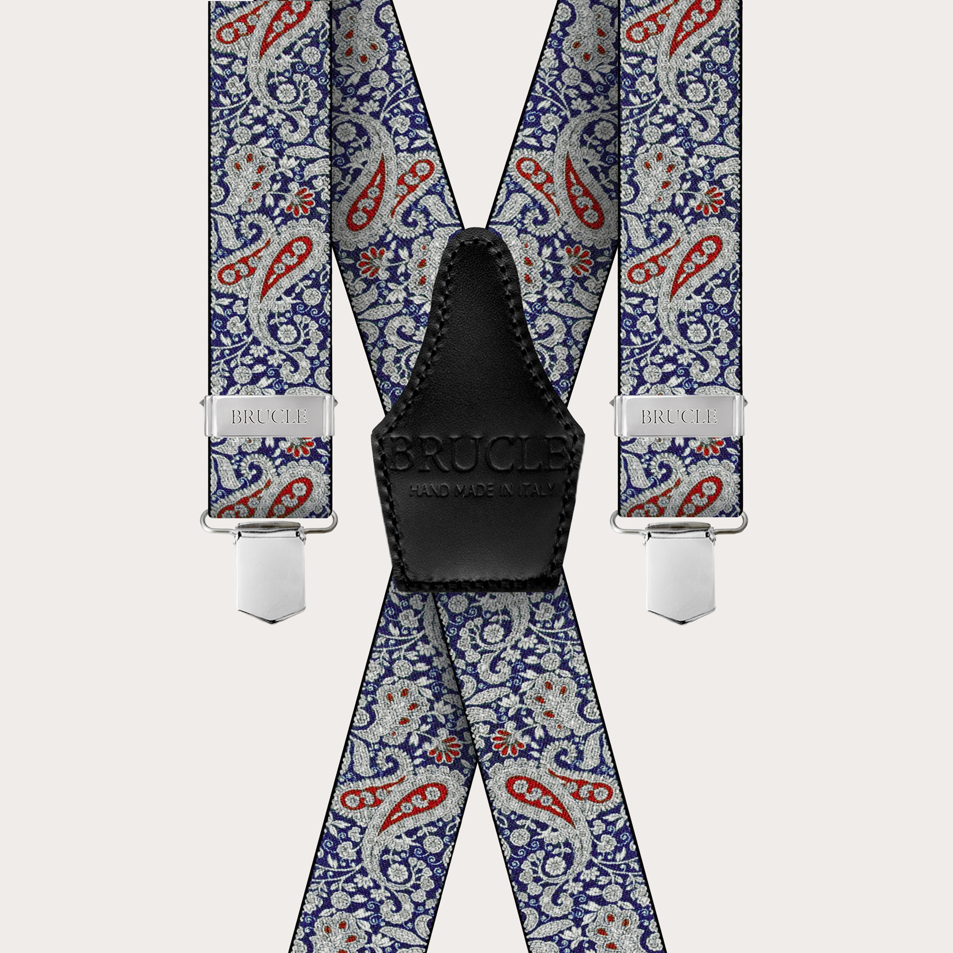 BRUCLE Tirantes en X con clips en estampado cashmere azul y rojo