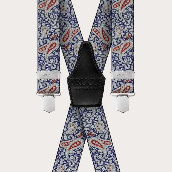 BRUCLE X-form Hosenträger mit Clips in blaues und rotes Kaschmirmuster