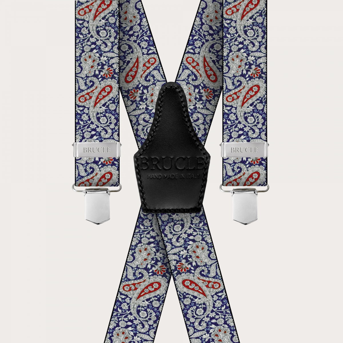 BRUCLE Tirantes en X con clips en estampado cashmere azul y rojo