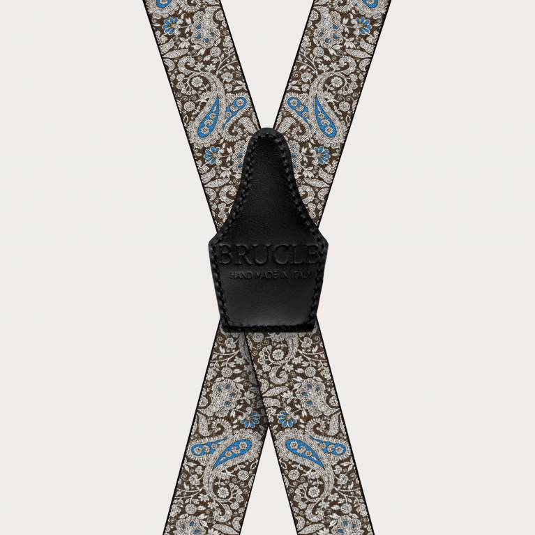 X-shaped suspenders with clips in brown and blue cashmere pattern