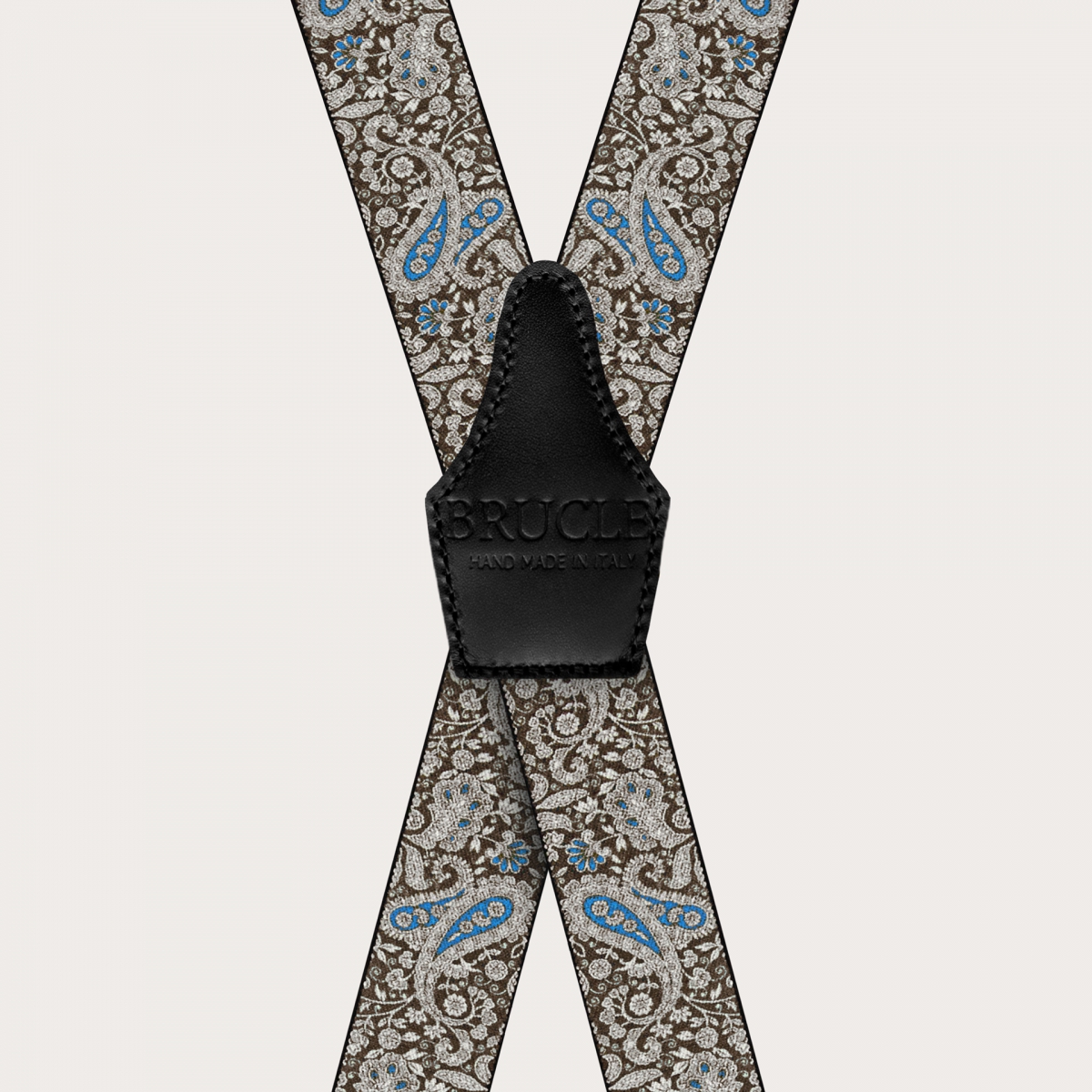 BRUCLE X-shaped suspenders with clips in brown and blue cashmere pattern