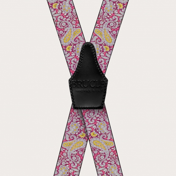 BRUCLE X-shaped suspenders with clips in magenta and yellow cashmere pattern