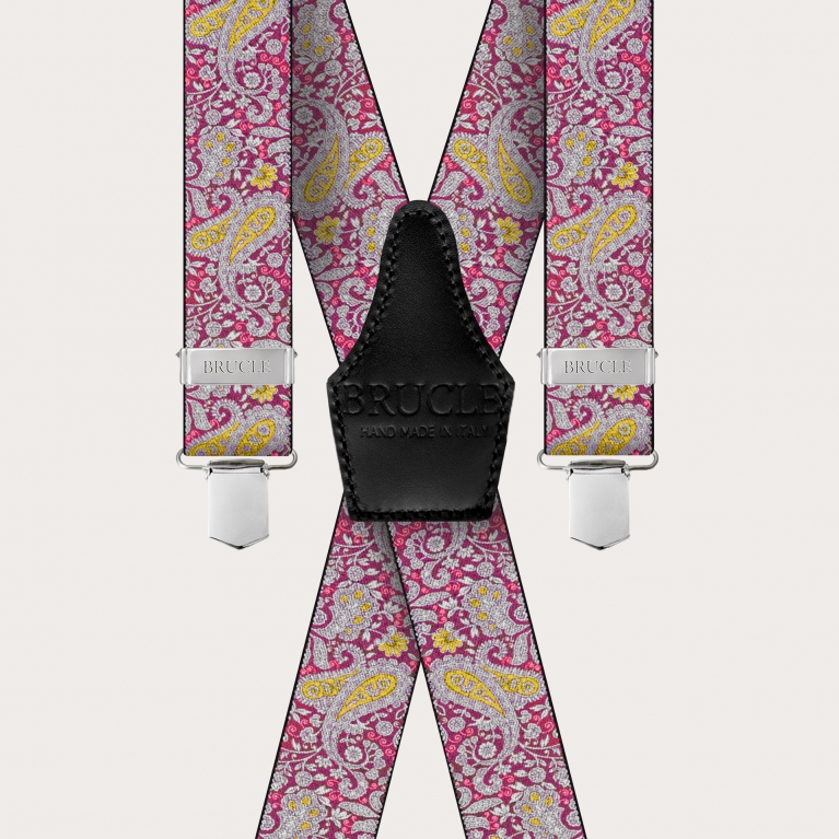 X-shaped suspenders with clips in magenta and yellow cashmere pattern