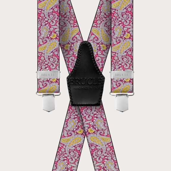 BRUCLE X-shaped suspenders with clips in magenta and yellow cashmere pattern