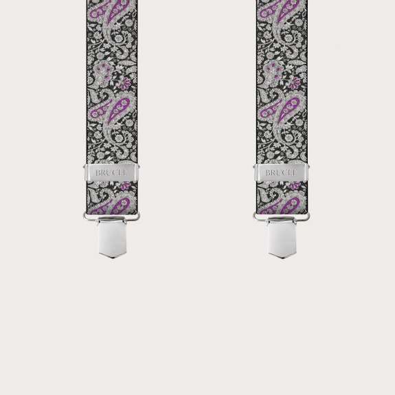 BRUCLE X-form Hosenträger mit Clips in schwarz-violettes Kaschmirmuster