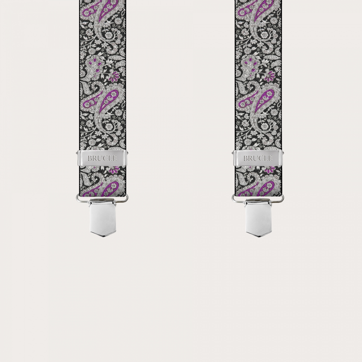 BRUCLE Tirantes en X con clips en estampado cashmere negro y morado