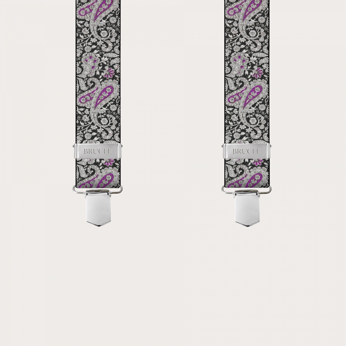 BRUCLE X-shaped suspenders with clips in black and purple cashmere pattern