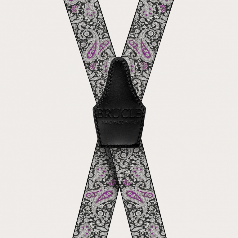 X-shaped suspenders with clips in black and purple cashmere pattern