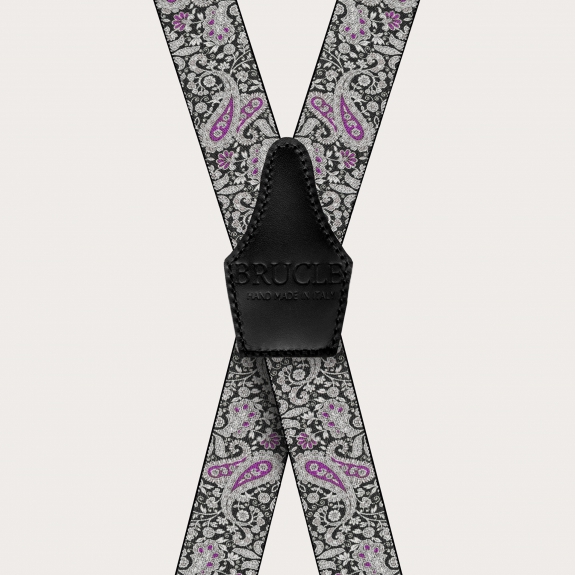 BRUCLE X-shaped suspenders with clips in black and purple cashmere pattern