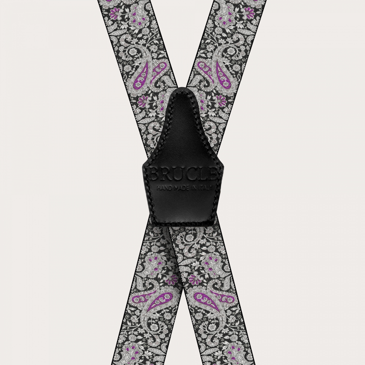 BRUCLE X-shaped suspenders with clips in black and purple cashmere pattern