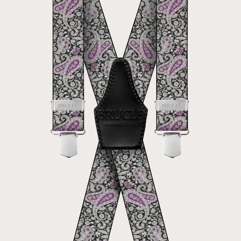 X-form Hosenträger mit Clips in schwarz-violettes Kaschmirmuster
