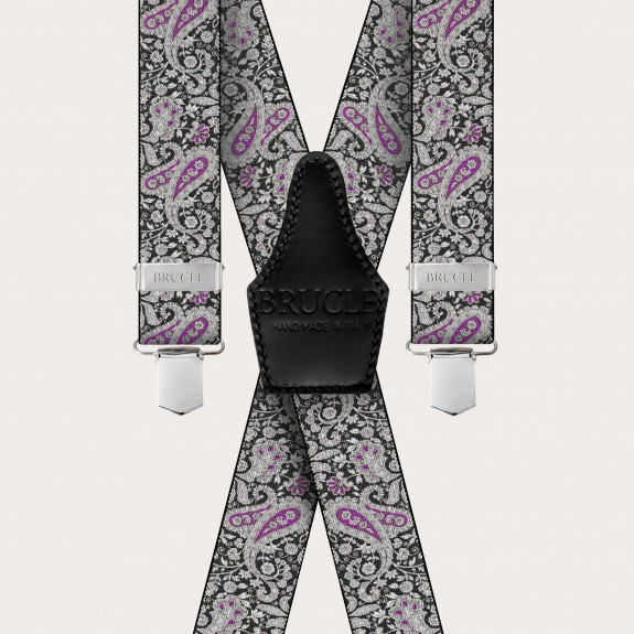 BRUCLE Bretelles en forme de X à clips en motif cachemire noir et violet