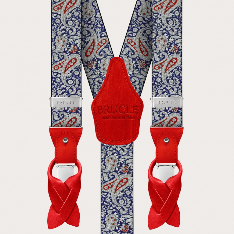 Bretelles double usage, motif cachemire bleu et rouge