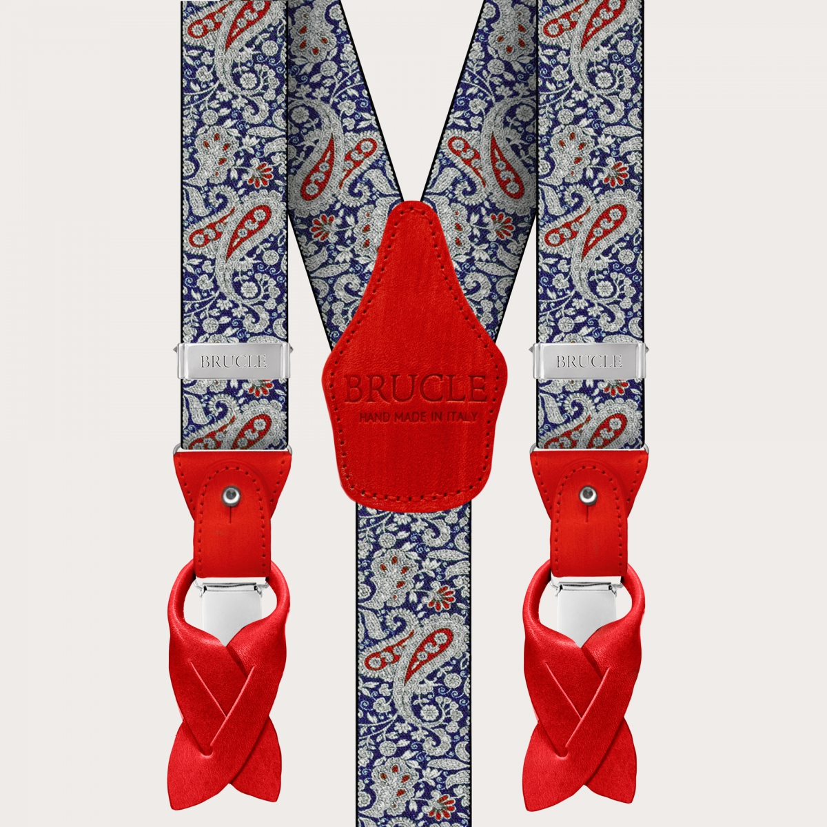 BRUCLE Double use suspenders in cashmere, blue and red pattern