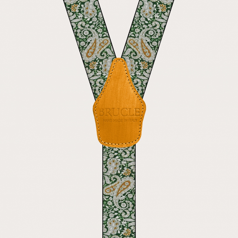 Double use suspenders in cashmere, green and gold paisley pattern