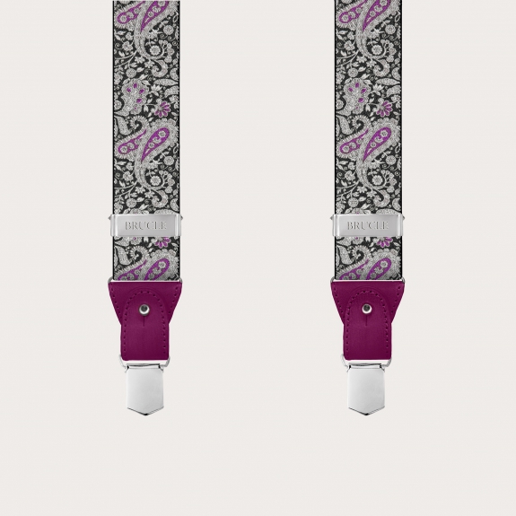 BRUCLE Double use suspenders in cashmere, black and purple pattern