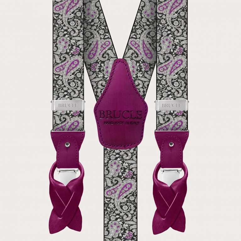 Double use suspenders in cashmere, black and purple pattern